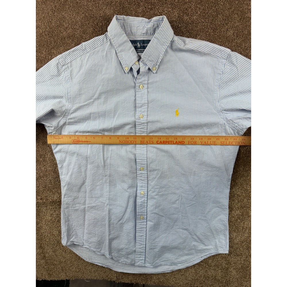 Ralph Lauren Mens Large Classic Fit Seersucker Short Sleeve Striped Shirt Blue - Picture 6 of 9